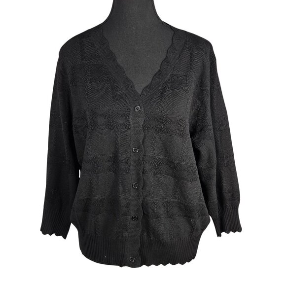 NWT | Black Knit V-Neck Button Up Cardigan Scalloped Trim 3/4 Sleeve | XLarge - Picture 1 of 6